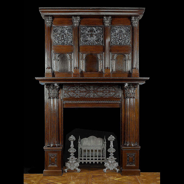 A large carved oak Jacobean Style Antique Chimneypiece Mantel 