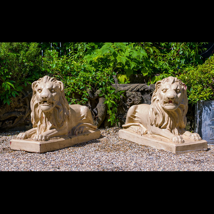 A Pair of Bristol Glazed Victorian Lions
