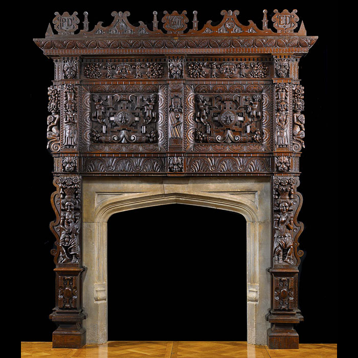 Antique Massive carved Oak Jacobean Fireplace with Overmantle
