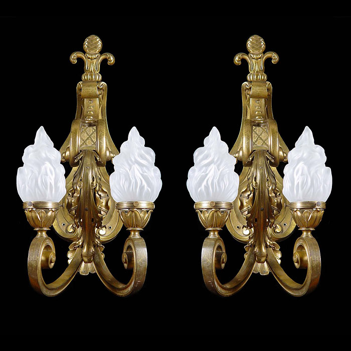 Antique Bronze Wall Sconces with Flambeau Shades
