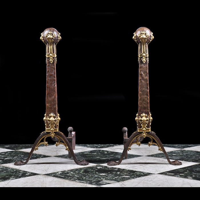 Rare Gothic Revival Bronze Antique Andirons