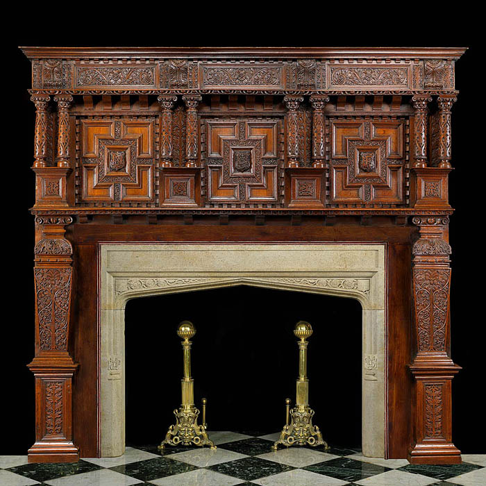 Antique Oak Jacobean carved wood James I Chimneypiece 
