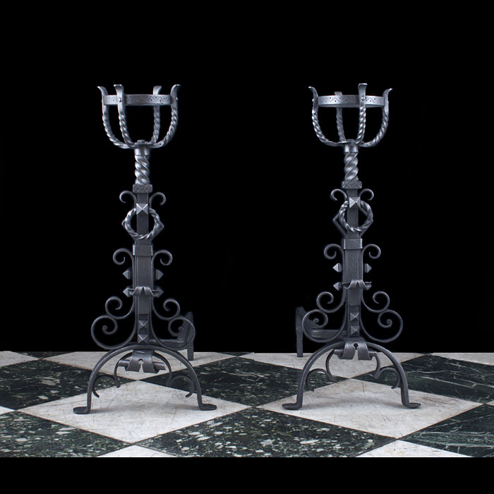 Jacobean Style Cast Iron Cresset Andirons