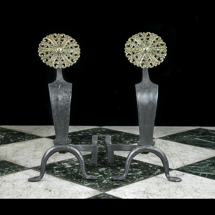  Arts & Crafts Wrought Iron And Brass Andirons
