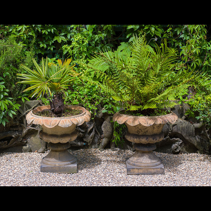 Victorian pair of terracotta garden urns in the Regency style.    