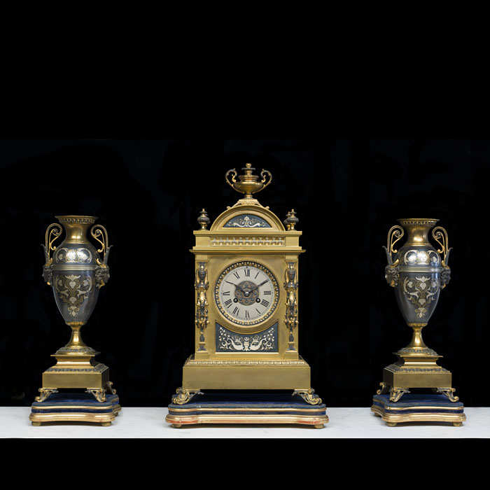 Fine French Gilt Brass Clock Garniture 