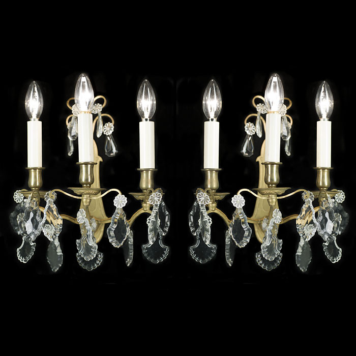 20th century pair of French brass and crystal wall lights    