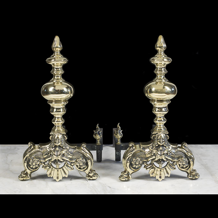 19th Century Baroque Style Brass Andirons
