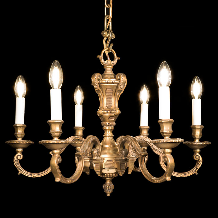 Patinated Gilt Brass Six Branch Chandelier 