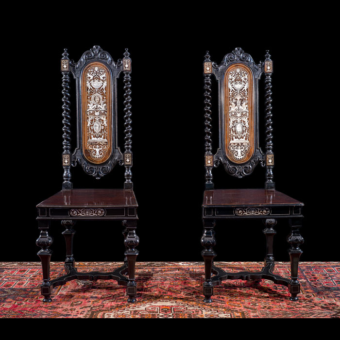 Italian Walnut Hall Chairs Inlaid with Bone 