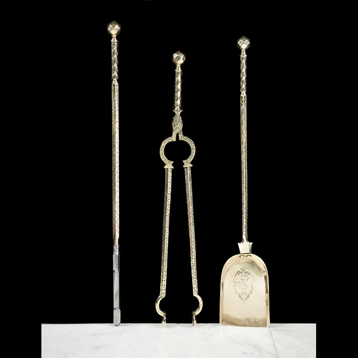 Fine Set of Gothic Revival Fire Tools in Brass 