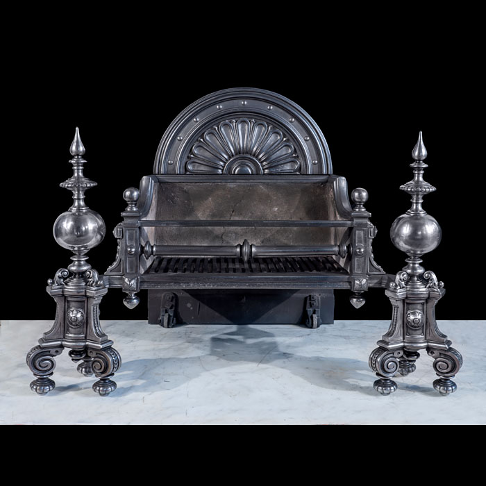 Large Victorian Fire Basket with Baluster Andirons