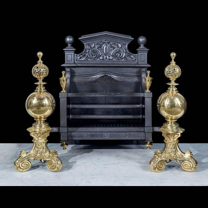 Large Baroque Fire Basket with Brass Andirons 