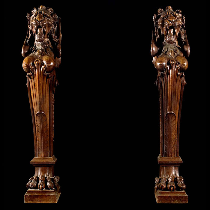 A Pair of Oak Mythical Winged Lion Terms