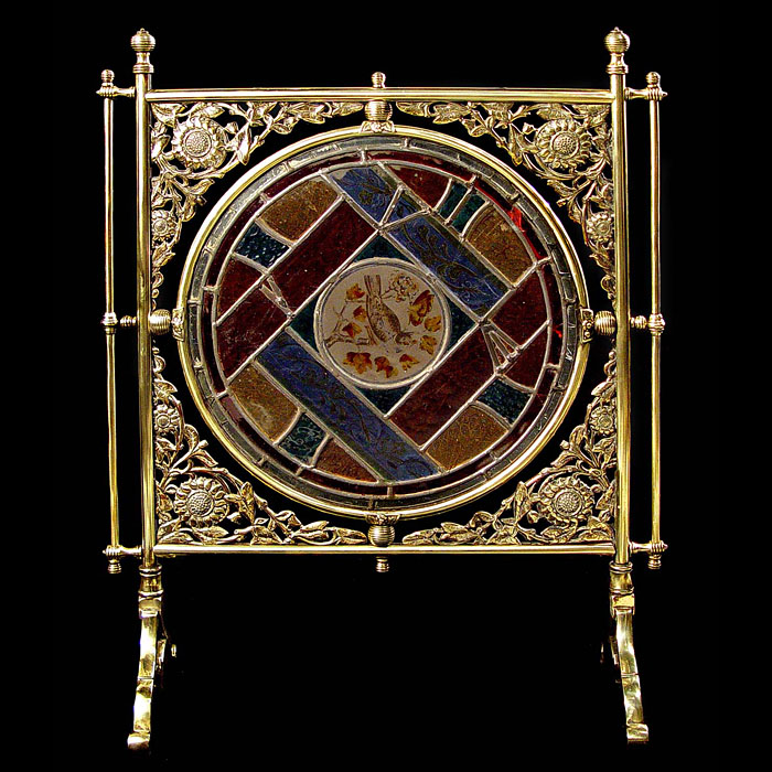  English Aesthetic Movement leaded glass and brass firescrfeen   