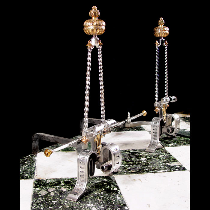 A Pair of Burnished Steel & Bronze Andirons