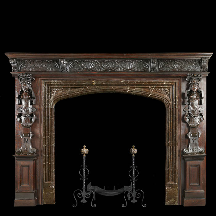 Renaissance carved oak fireplace and overmantel    